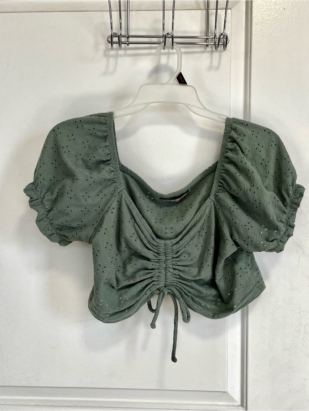 SO Olive Green Eyelet Ruched Drawstring Crop Top XL
